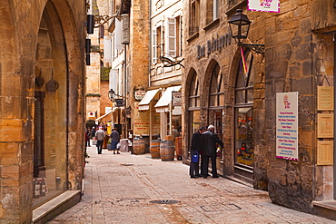 Rue de la Liberte in the old town of Sarlat la Caneda, Dordogne, France, Europe