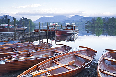 Boats at the edge of Derwent Water in the Lake District National Park, Cumbria, England, United Kingdom, Europe