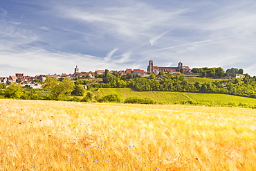 A wheat field below the hilltop village of Vezelay in the Yonne area of Burgundy, France, Europe