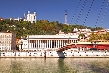 Passerelle du Palais de Justice over the River Saone, with the Palais de Justice in the background along with Notre Dame de Fourviere, Lyon, Rhone, Rhone-Alpes, France, Europe 