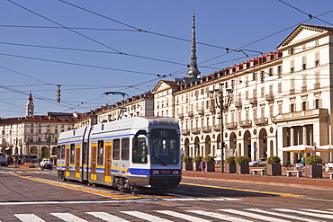 A tram runs through Piazza Vittorio Veneto, Turin, Piedmont, Italy, Europe