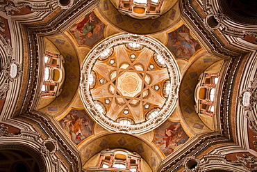 The complex geometrical baroque ceiling of San Lorenzo church, designed by the architect Guarino Guarini in the 17th century, Turin, Piedmont, Italy, Europe