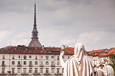 Statues in front of Gran Madre di Dio look over to Mole Antonelliana, Turin, Piedmont, Italy, Europe