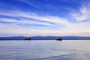 Two boats on the lake, Kollabaya, Challapampa, Isla del Sol, Lake Titicaca, Bolivia, South America