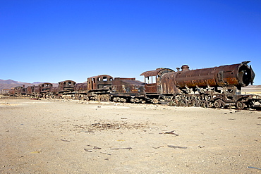 Rusting old steam locomotives at the Train cemetery (train graveyard), Uyuni, Southwest, Bolivia, South America