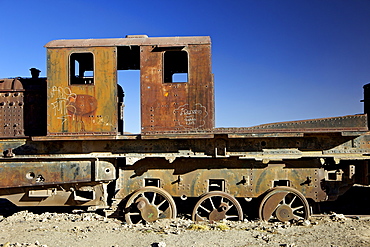 Rusting old steam locomotives at the Train cemetery (train graveyard), Uyuni, Southwest, Bolivia, South America