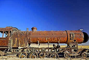 Rusting old steam locomotive at the Train cemetery (train graveyard), Uyuni, Southwest, Bolivia, South America