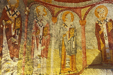 View of ceiling with fresco painting in a cave church, Goreme open air museum, Cappadocia, Anatolia, Turkey, Asia Minor, Eurasia