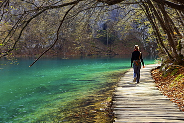 Visitor on wooden walkway path over Crystal Clear Waters of Plitvice Lakes National Park, UNESCO World Heritage Site, Plitvice, Croatia, Europe