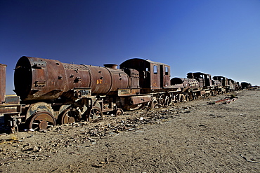 Rusting locomotive at train graveyard, Uyuni, Bolivia, South America