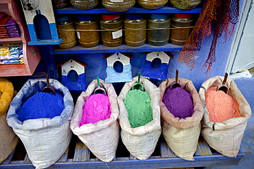 Bag of powdered pigments to make paint, Chefchaouen, Morocco, North Africa, Africa