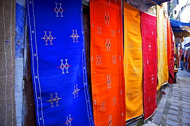 Rugs hung on the wall in Chefchaouen, Morocco, North Africa, Africa