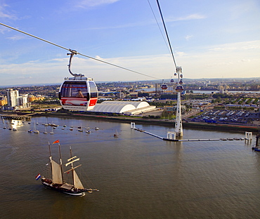 View from The Emirates Air line cable car with sailing ship on the Thames, London, England, United Kingdom, Europe