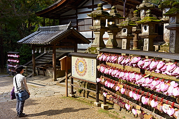 Stone lanterns and heart-shaped votives wishing good luck to new marriages at Kasuga Wakamiya Shrine in Nara, Honshu, Japan, Asia