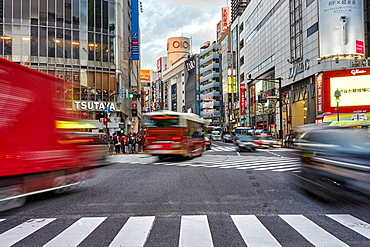 Traffic captured with blurred motion through the Shibuya Crossing, Tokyo, Japan, Asia