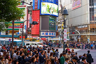 Crowds wating to cross the Shibuya Crossing, Tokyo, Japan, Asia