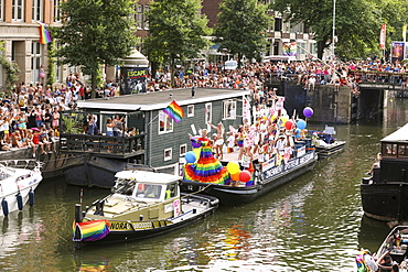 Boat at Gay Pride parade, Canal parade in Amsterdam, North Holland, The Netherlands, Europe