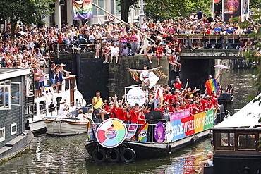 Google boat at Gay Pride parade, Canal parade in Amsterdam, North Holland, The Netherlands, Europe