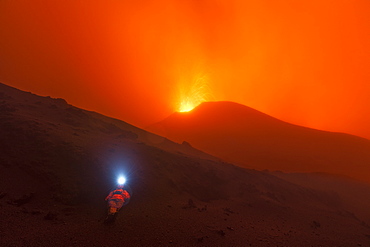 Volcanologist approach on Piton de la Fournaise in activity, Volcano eruption of May 2015, Reunion