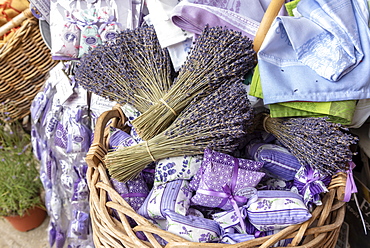 Bouquets and sachets of lavender in a wicker basket, summer, Provence, France