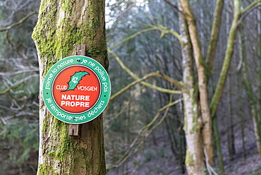 Panel of public awareness, respect for nature, in a Vosges forest, winter, Moselle, France