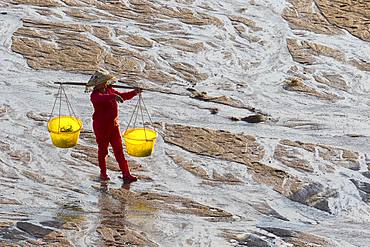 Fisherman on foot, harvesting shells, wearing a yoke with two buckets, Woman, Xiapu County, Fujiang Province, China