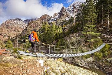 Hiker on the suspended footbridge of Spasimata on the GR 20, Cirque de Bonifatu, Corsica Regional Nature Park, Balagne, Corse-du-Sud, France