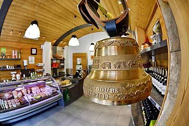 Comte cheese making, bell, Cheese factory and shop, Damprichard, Doubs, France