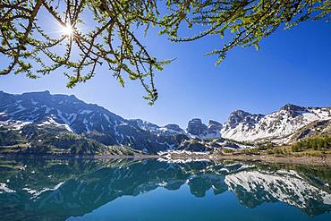 Reflections of Lake Tours on Lake Allos (2226 m), Haut-Verdon, Mercantour National Park, Alps, France