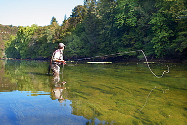 Fly fishing on the Loue river, Franche-Comté, France