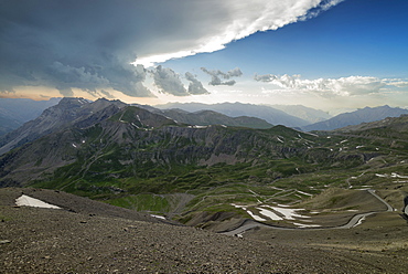 Cime de la Bonette, Col de Restefond, summits of Ubaye under a stormy sky, Alps, France