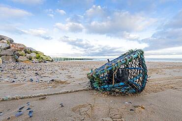 Fishing locker washed up on a beach, Sangatte, Hauts de France, France