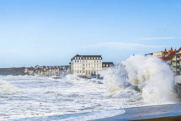 Waves hitting the Wimereux embankment during the Ciara storm, February 2020, Hauts de France, France