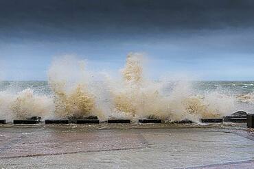 Waves hitting the Wimereux embankment during a storm, Hauts de France, France