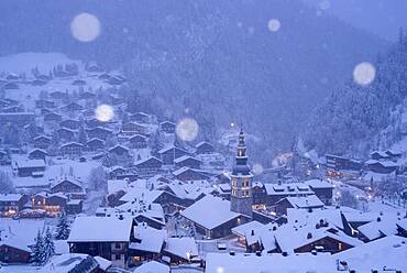 Snowfall above La Clusaz. Winter scene in Haute-Savoie, France