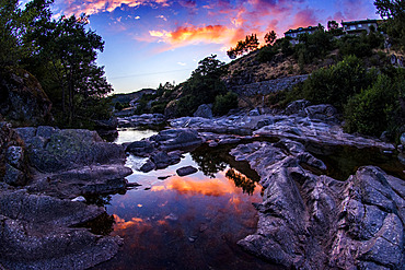 The river Tarn at dusk, upstream of the village of Pont-de-Montvert, Lozere, Occitania, France