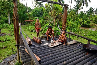 Mentawai boys and chikens, Siberut, Mentawai, Indonesia