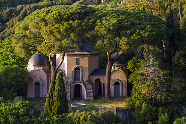 Monumental tomb at Cap Corse. Piccioni family mausoleum in Pino. This magnificent tomb contains the ashes of Valentine Eiffel, daughter of engineer Gustave Eiffel and wife of diplomat Camille Piccioni. Monumental tombs are part of traditional Corsican architecture and are often spectacular and ostentatious. They generally date from the 19th century.