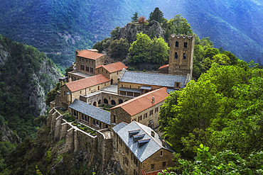 Saint-Martin du Canigou Abbey in the Eastern Pyrenees. Cady valley, above Prades. France