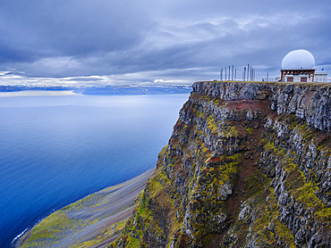 View from Bolafjall towards Hornstrandir. Bolungarvik at fjord Isafjardardjup. The Westfjords (Vestfirdir) in Iceland during autumn. Europe, Northern Europe, Iceland