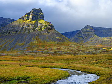 Keldudalur and Gjalpardalur in Dyrafjoerdur. The Westfjords (Vestfirdir) in Iceland during autumn. Europe, Northern Europe, Iceland