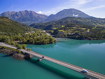 Savines bridge on Route Nationale 94 over Lac de Serre-Poncon (aerial view), Savines-le-Lac, Hautes-Alpes, France