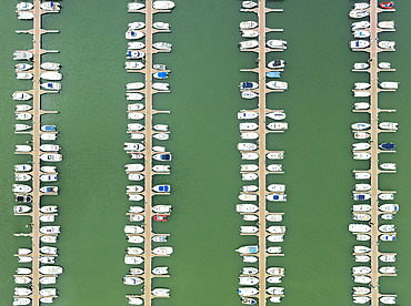 Marina wharves at the river mouth of the Piedras River. Aerial view. Drone shot. Huelva province, Andalusia, Spain.