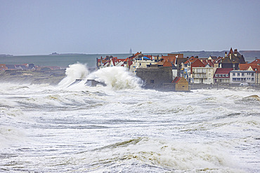 Waves hitting the fort at Ambleteuse during storm Pierrick, Cote d'Opale, Pas-de-Calais, France