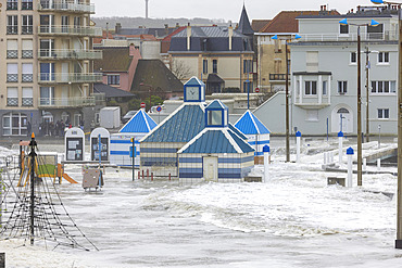 Town of Wimereux swamped by waves during storm Pierrick in spring, Opal Coast, Pas-de-Calais, France