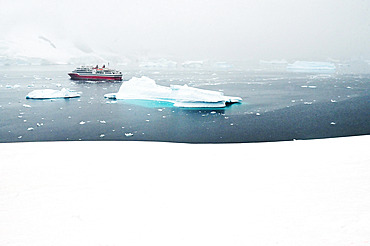 The cruise ship in antarctic sea. Cruise on board Exploris One. Antarctic.