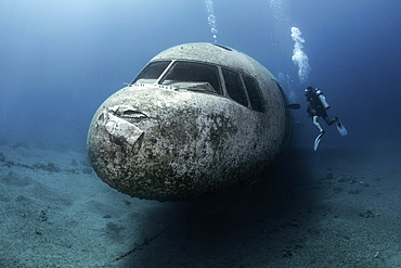 Werck. Lockheed L-1011 TriStar three-engine plane intentionally sunk in 2019. In addition to being a great attraction for divers, these sunken structures;generally ships, but also planes, military vehicles...) become artificial reefs helping in the repopulation of the underwater bottoms. This wreck is located in the Red Sea, at a depth of between 18 and 31 meters. Aqaba, Jordan.