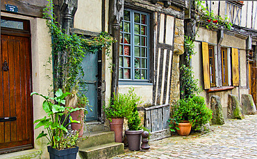 Half-timbered house with lots of plants on the facade in Old Mans, Sarthe, France