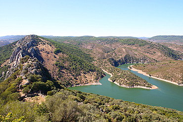 Tagus River upstream of the "gypsy jump", breakthrough in the cliff, from the hermitage 500 m above sea level, Monfraguee NP, Spain