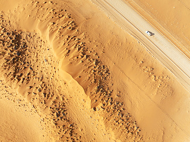The C14 gravel road at the edge of the Namib Desert. Aerial view. Drone shot. Namibia.